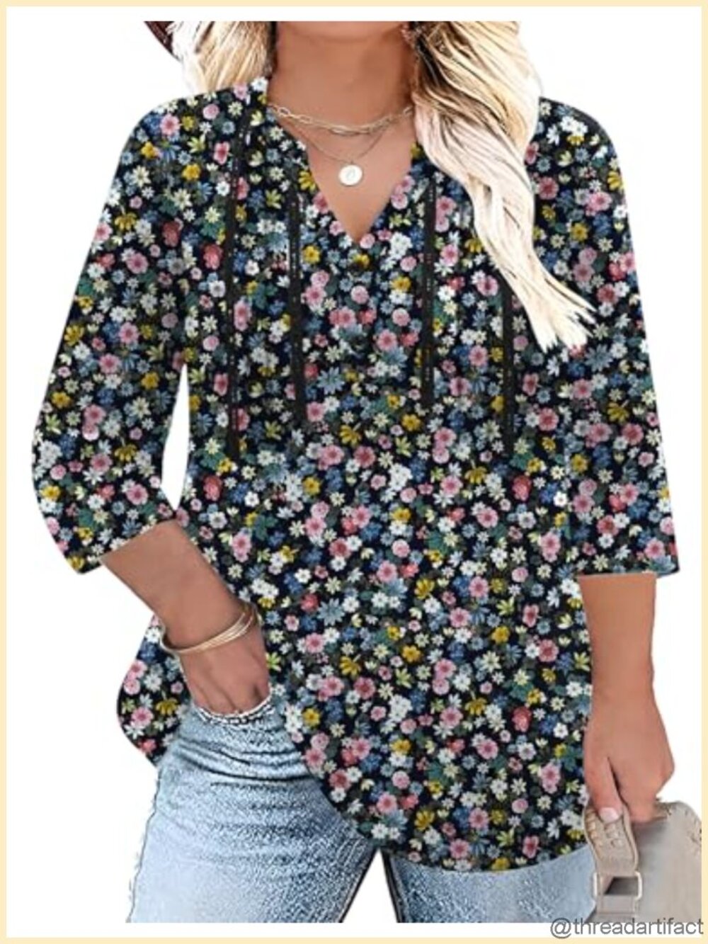 Women's Plus Size 3/4 Sleeve V-Neck Tunic Blouse Loose Fit Work Casual Top